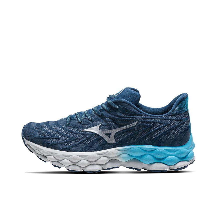 推荐商品：Mizuno/美津浓 Wave Sky 8 缓震回弹 舒适轻便 防滑耐磨 透气 百搭时尚 织物 慢跑 跑鞋 深蓝色/湖蓝/白色