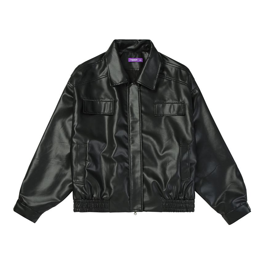 推荐商品：LISENPOK  纯色多口袋翻领皮衣 男女同款 黑