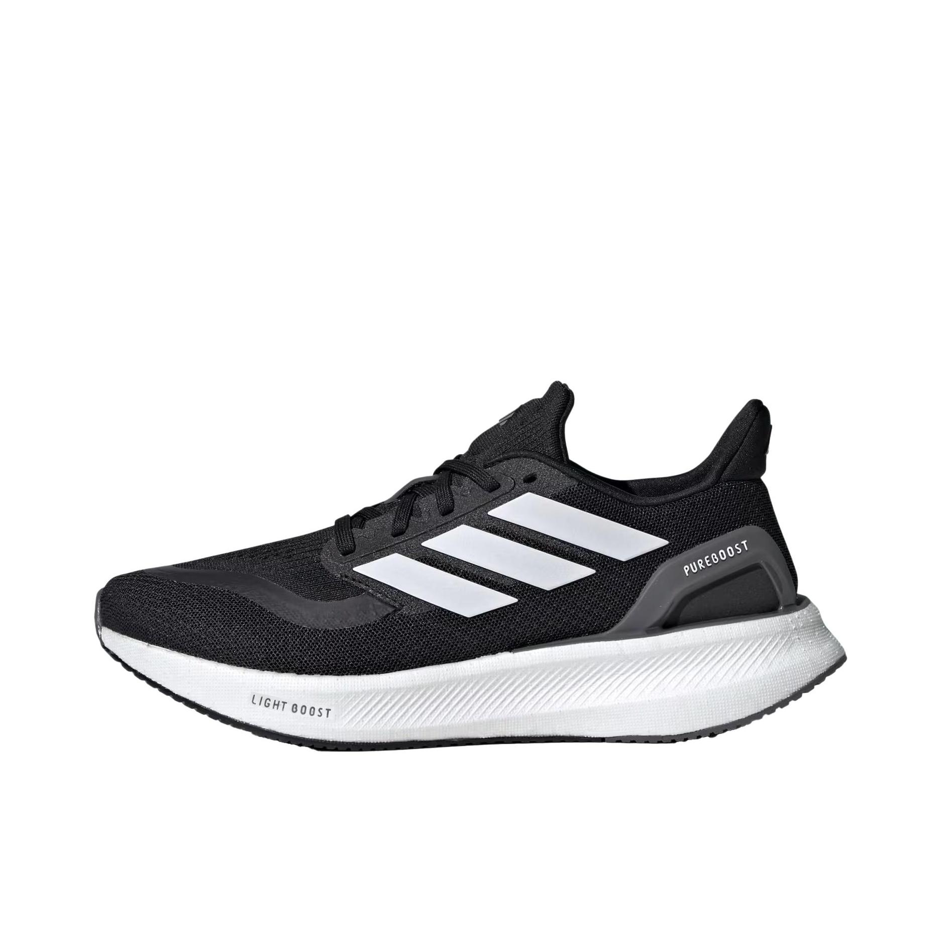 推荐商品：adidas PUREBOOST 5 跑鞋 舒适缓震防滑耐磨回弹轻便短跑网布支撑随心畅跑 核心黑/云白/灰五