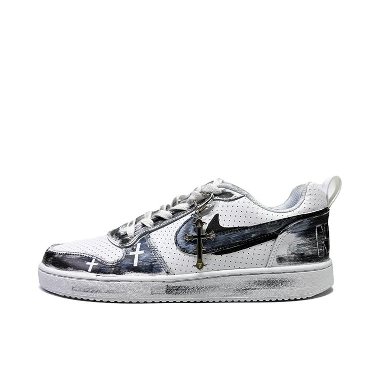 推荐商品：【定制球鞋】 Nike Court Borough 板鞋 防滑防水轻便减震手绘减龄做旧甜酷高街合成革甜妹包裹性复古婚鞋增高小白鞋薄底秋冬脏脏鞋 暗夜圣痕