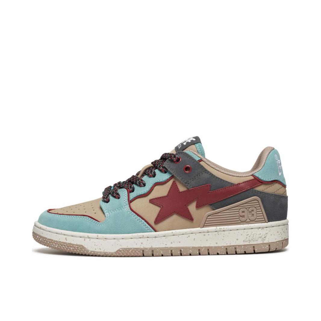 推荐商品：Bape SK8 STA 板鞋 舒适透气牛皮革时尚圆头拼接绒面防滑复古 青色/红色/棕色