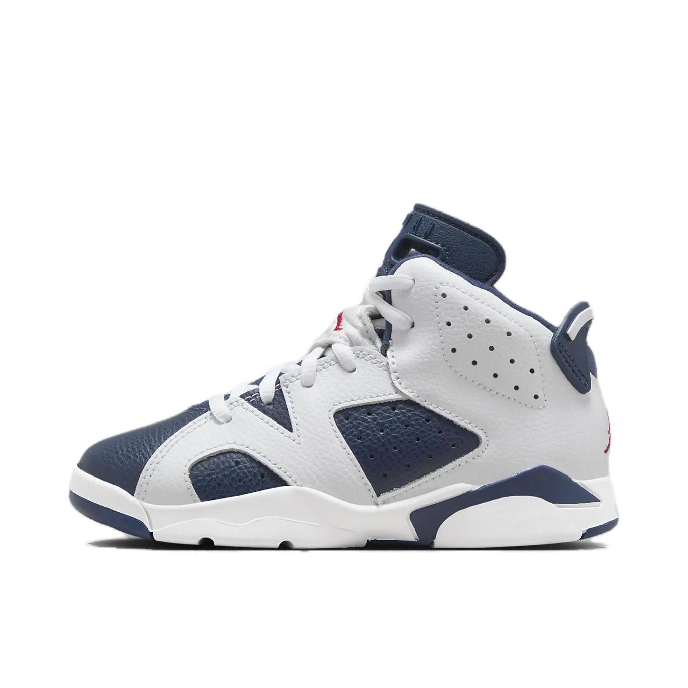推荐商品：Air Jordan 6 防踢 平底 防滑耐磨 舒适轻便 复古百搭 减震 回弹 透气 运动鞋儿童 大童/白色/午夜海军蓝/校队红