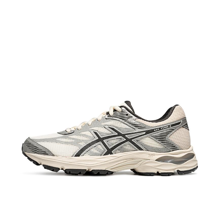 推荐商品：Asics/亚瑟士 Gel-Flux 4 跑鞋 包裹性舒适缓冲复古越野短跑慢跑织物轻量回弹合成革运动 女款/米色/银灰色   