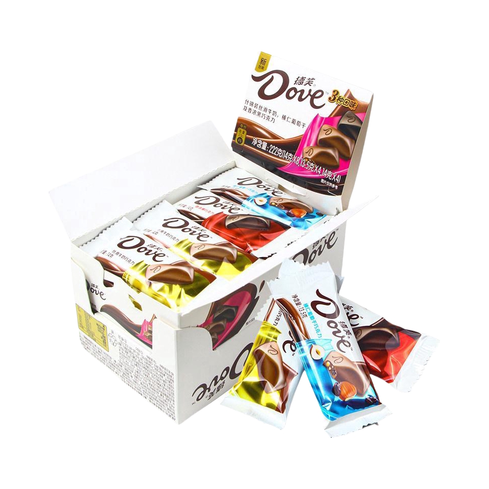 推荐商品：Dove/德芙 什锦口味巧克力 222g 盒装 解馋充饥追剧纯可可脂排块结婚榛仁