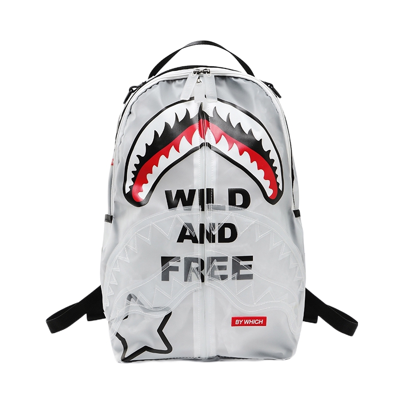推荐商品：Bywhich 个性潮牌潮流时尚出街印花鲨鱼大容量透明学生电脑出游PU常规书包背包双肩包