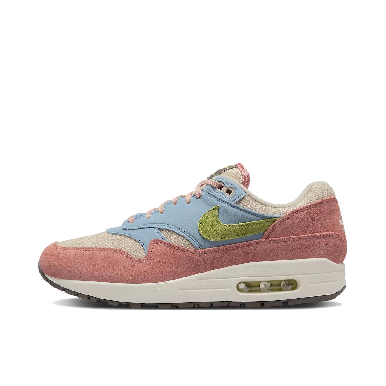 推荐商品：Nike Air Max 1 跑鞋 气垫缓震透气轻便复古运动舒适百搭潮流耐磨低帮训练防滑冬季支撑马拉松防水抓地圆头耐穿 桃粉/蓝色