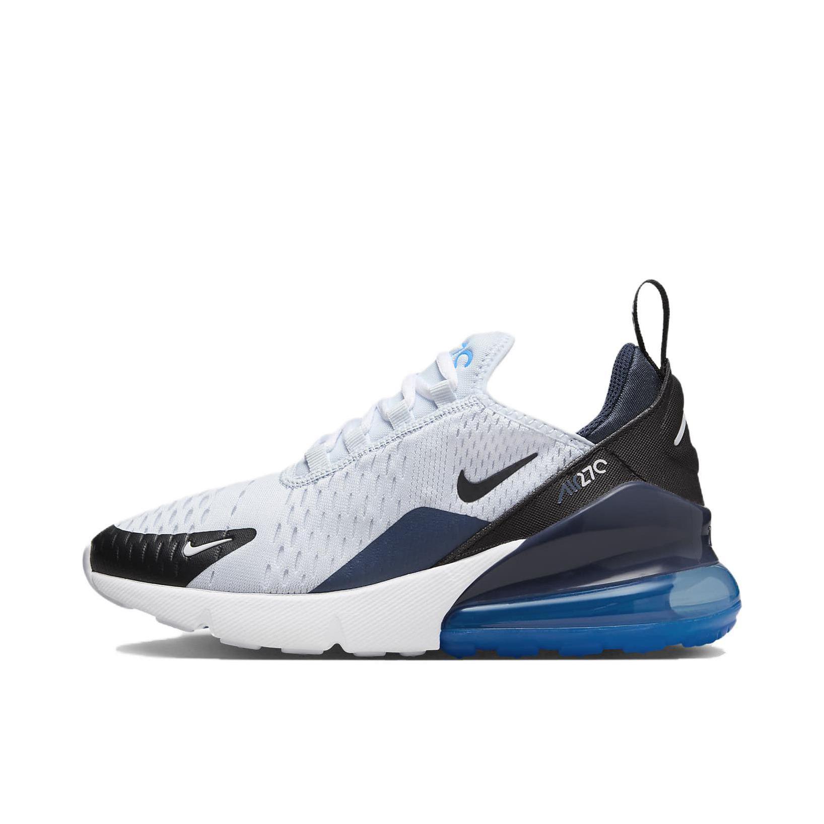推荐商品：Nike Air Max 270 气垫缓震 轻便透气 耐磨 时尚复古 舒适百搭 防滑 支撑 防水 织物 跑鞋 女款/白色/黑色/蓝色