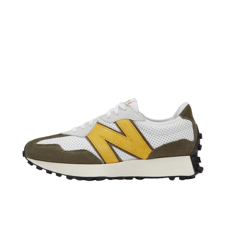 推荐商品：【IU同款】 New Balance 327 跑鞋 舒适复古防滑耐磨休闲透气减震拼接运动防水织物慢跑圆头 白色/橄榄绿/黄色