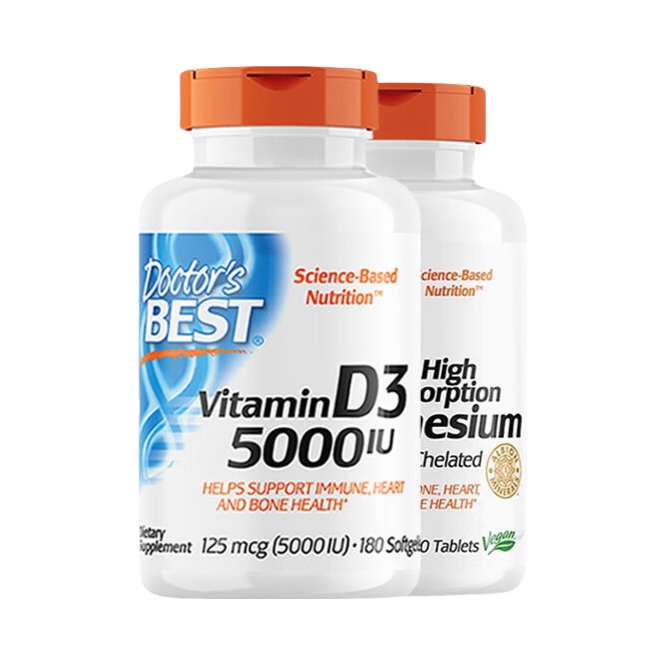 推荐商品：Doctor's Best/金达威 维生素D3 5000IU软胶囊+高吸收甘氨酸镁片 组合装
