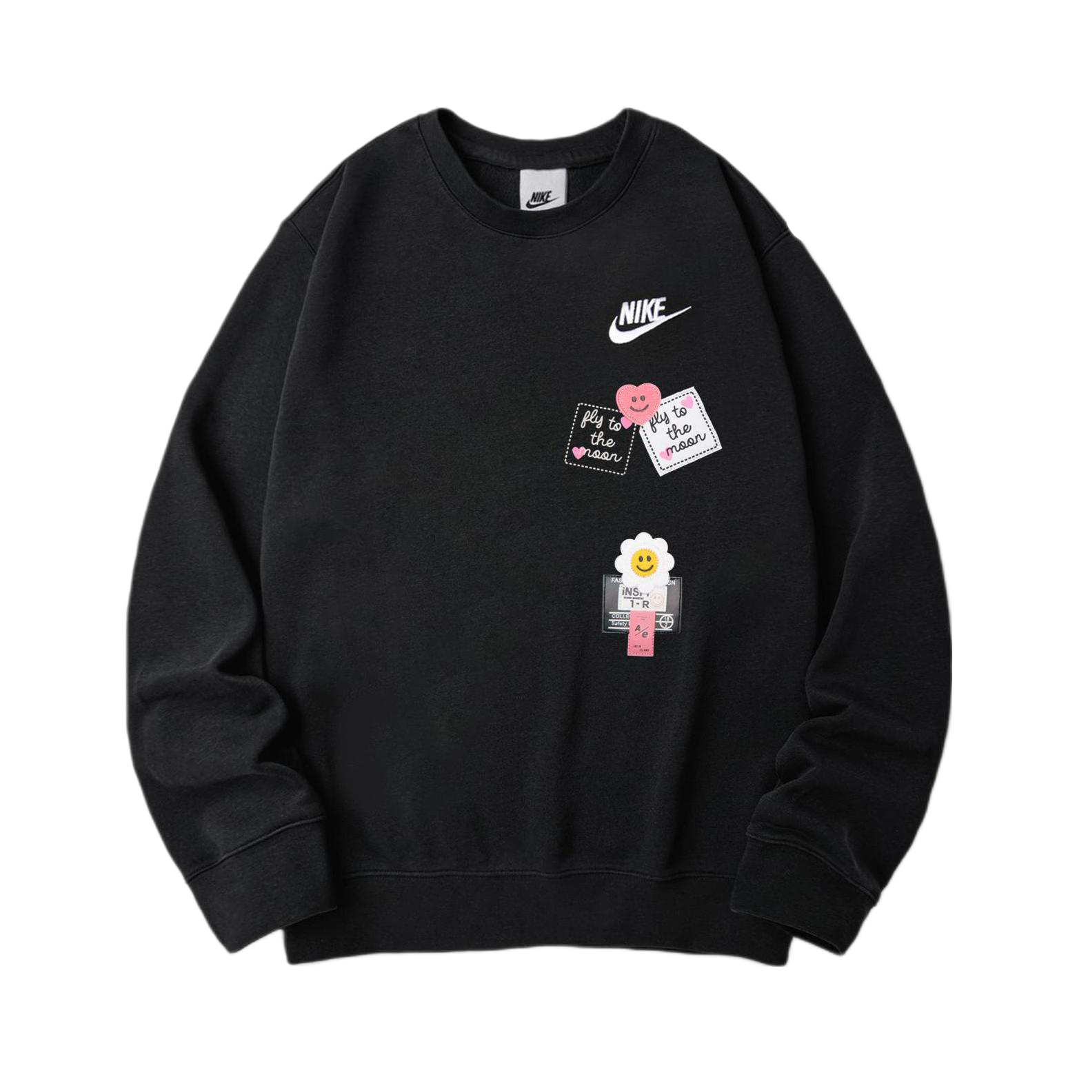 【周杰伦同款】Nike Sportswear 毛圈刺绣棉质拼接圆领套头透气长袖卫衣 BV2667 定制/黑/可爱笑脸