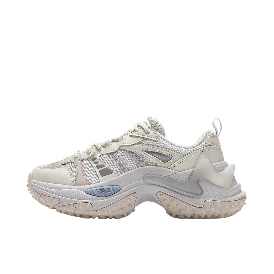 推荐商品：FILA/斐乐 鱼刺 3.0 减震回弹 防滑耐磨 厚底增高 网布 织物 合成革 防水 老爹鞋 女款/白玛瑙灰/芦笋白