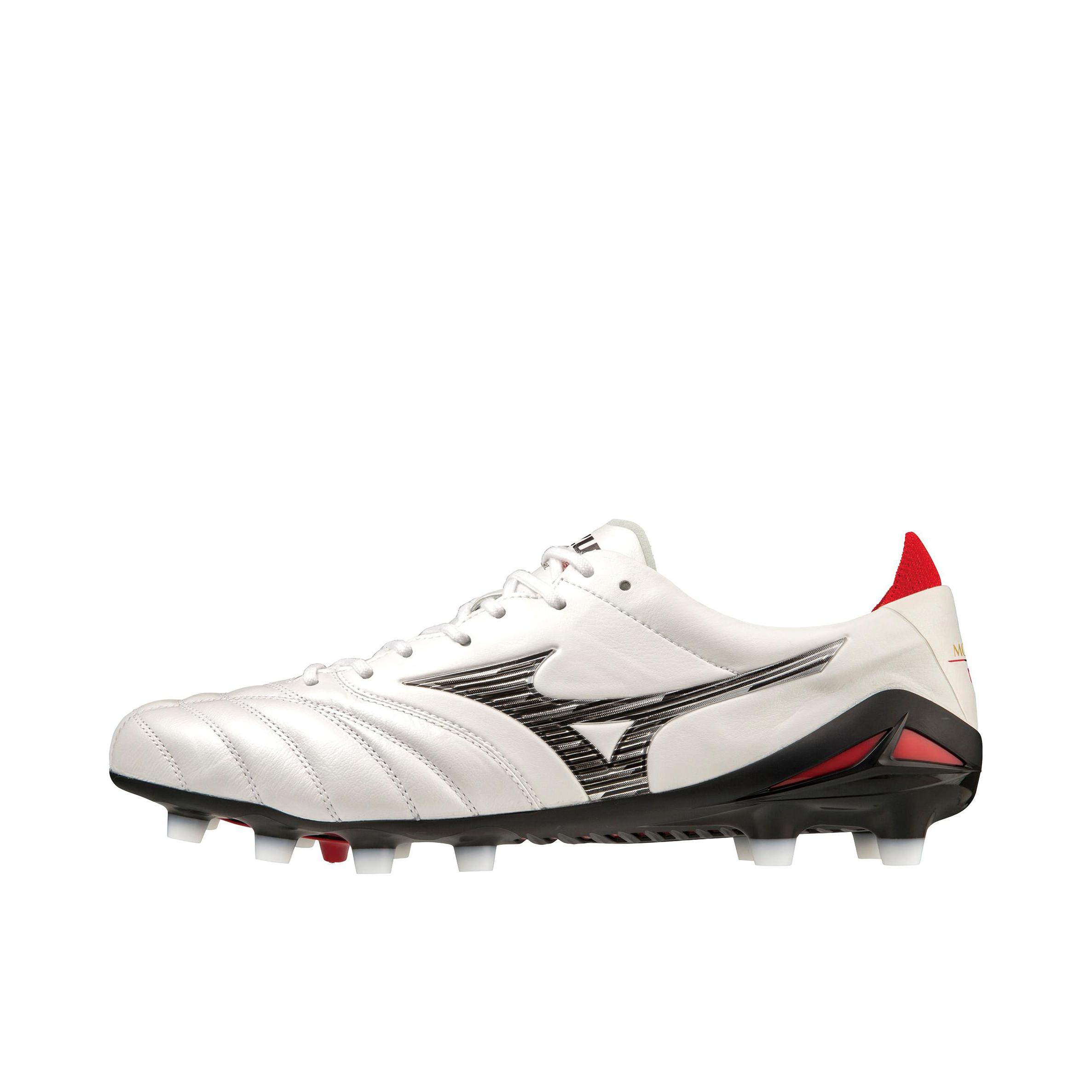 推荐商品：Mizuno/美津浓 Morelia NEO 4 FG 防滑耐磨 圆头 胶质长钉 天然草地 足球鞋 深白色/黑色/红色