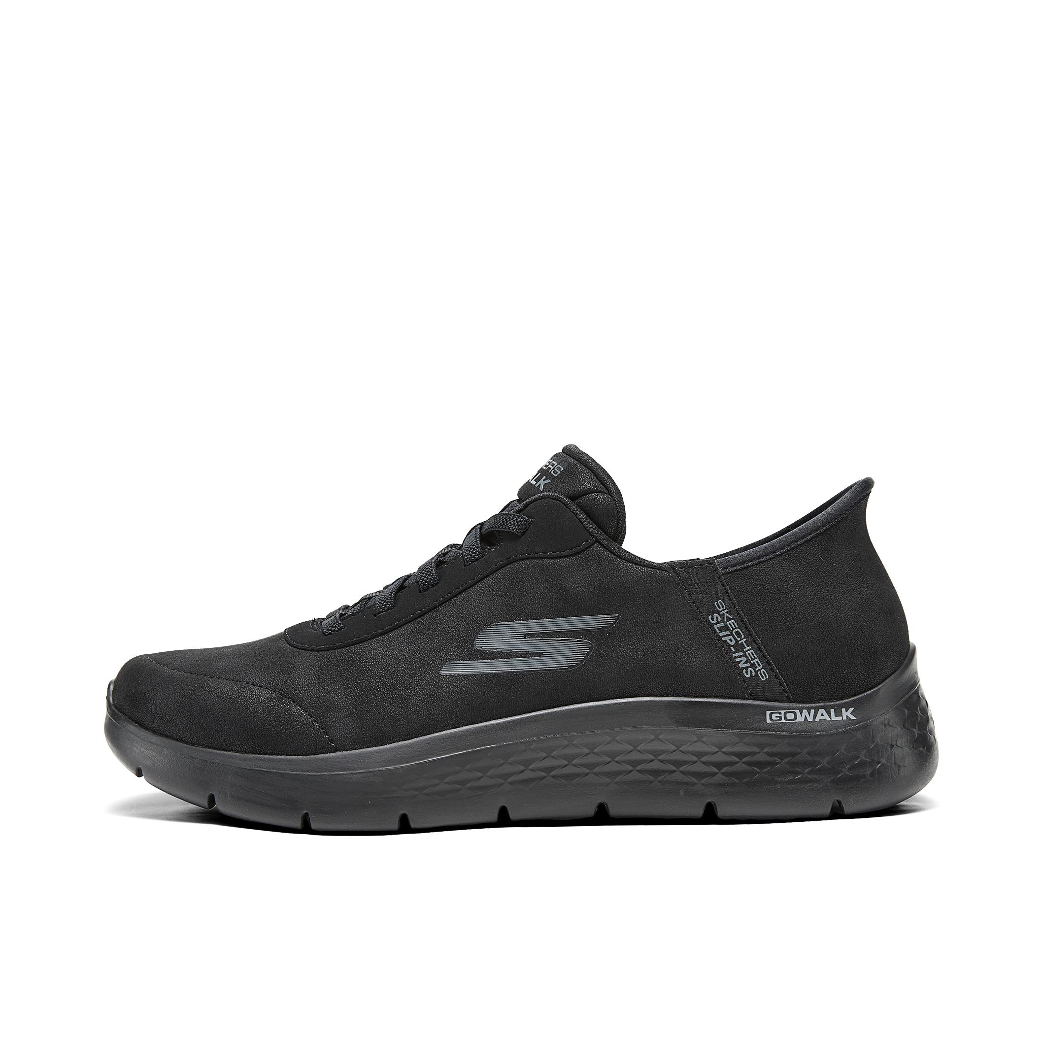 推荐商品：Skechers/斯凯奇 减震耐磨 轻便透气 舒适百搭 轻质网面 软底闪穿 织物 一脚蹬 易穿脱 运动休闲鞋 皮面/全黑色