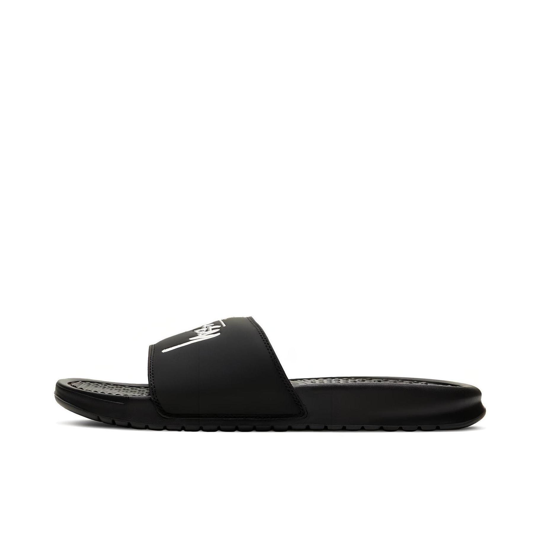 推荐商品：Nike Benassi Jdi 一字 橡胶底 外穿 防滑轻便 透气 运动 户外 厚底 拖鞋 Stussy联名/黑色/帆白