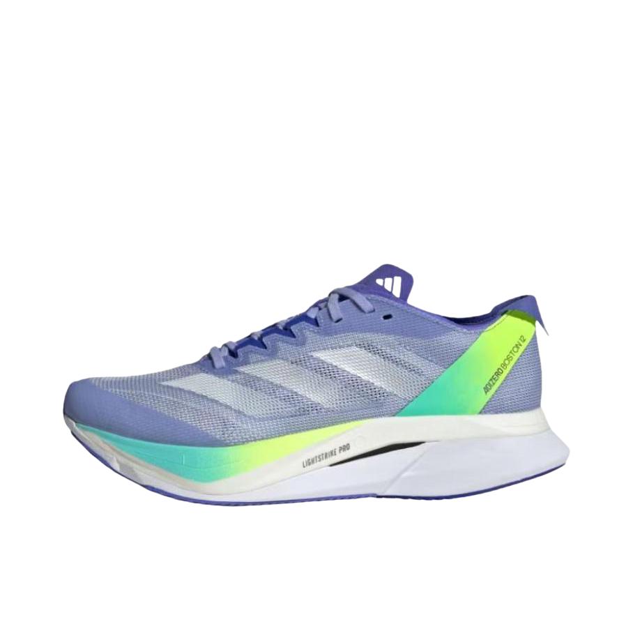 推荐商品：adidas Adizero Boston 12 跑鞋 碳板玻纤柱耐磨缓震马拉松运动支撑 蓝色火花/零金属/钻蓝色