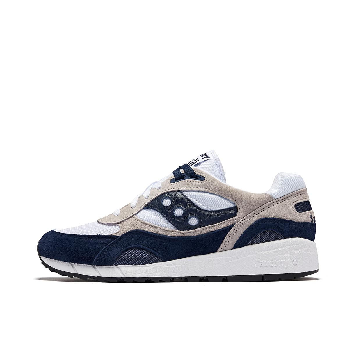 推荐商品：Saucony/索康尼 Shadow 6000 经典复古 防滑耐磨 舒适休闲 透气 防水 织物 运动 跑鞋 白色/深兰色