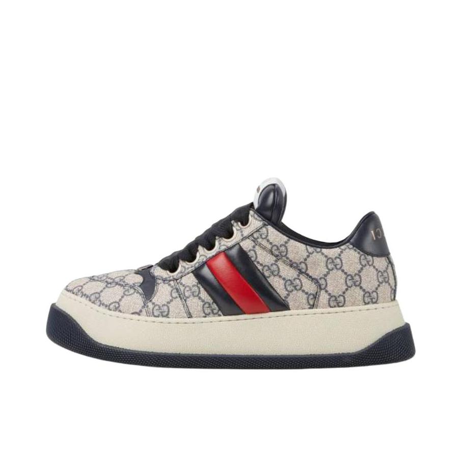 推荐商品：Gucci Screener 胖丁 板鞋 脏脏鞋 时尚百搭圆头厚底织带皮革 米色/蓝色