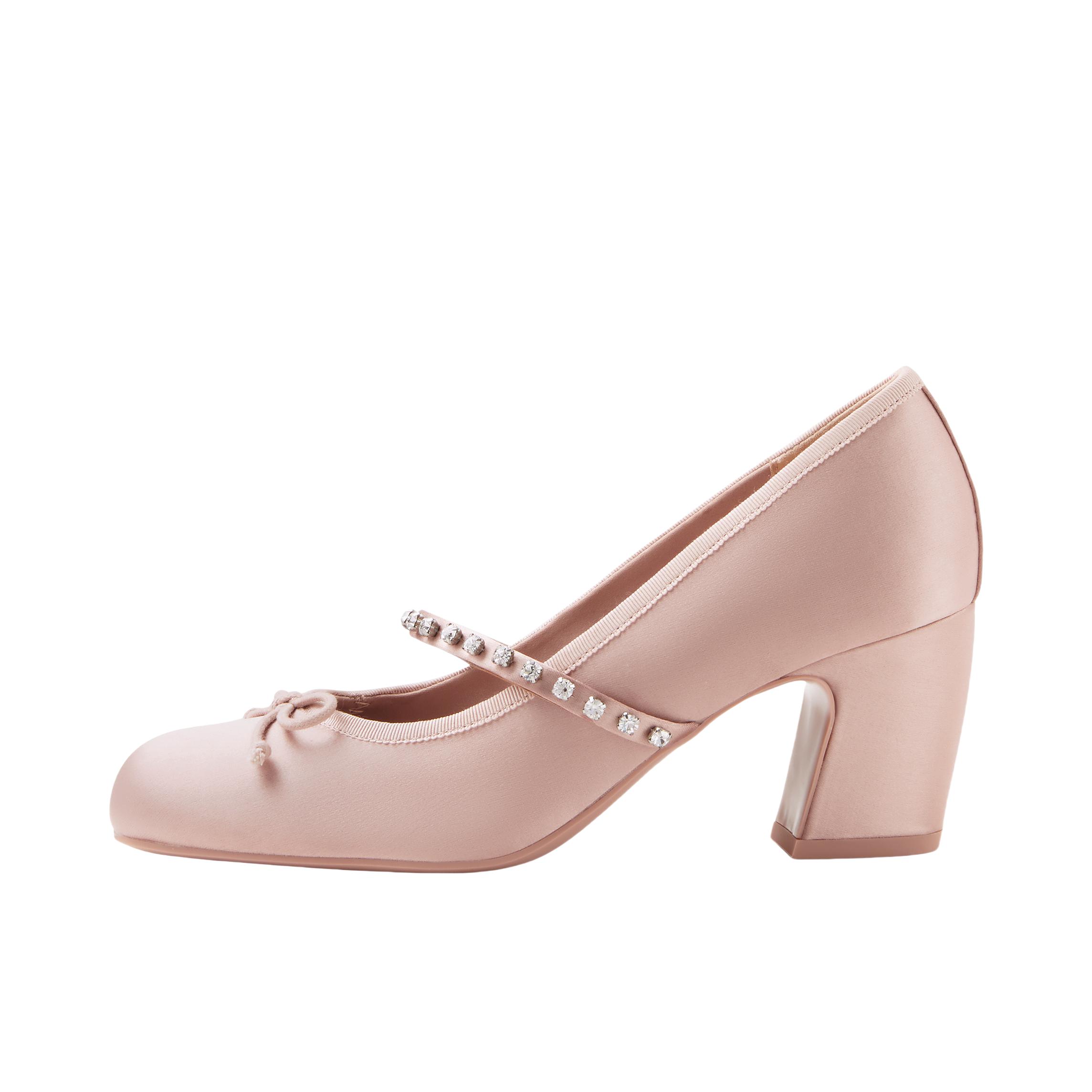 推荐商品：CHARLES&KEITH 高跟鞋 织物 一字带粗跟水钻亮钻纹理蝴蝶结 CK1-60280448 肉色