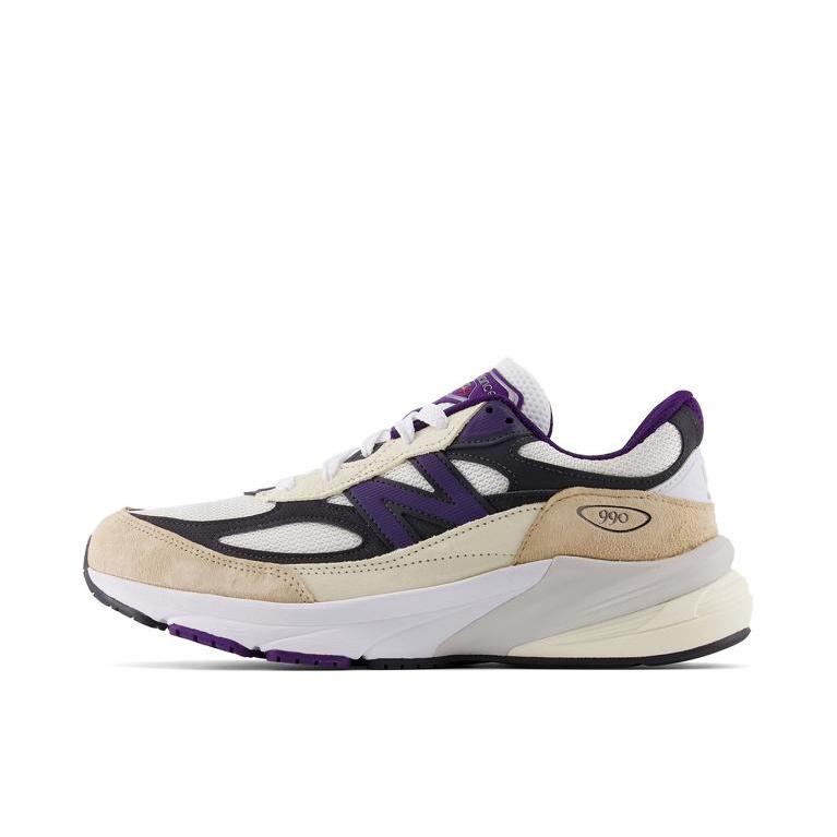 推荐商品：New Balance 990 V6 跑鞋 拼接网布绒面革织物合成革耐磨透气减震防滑支撑圆头 米色/白色/紫色