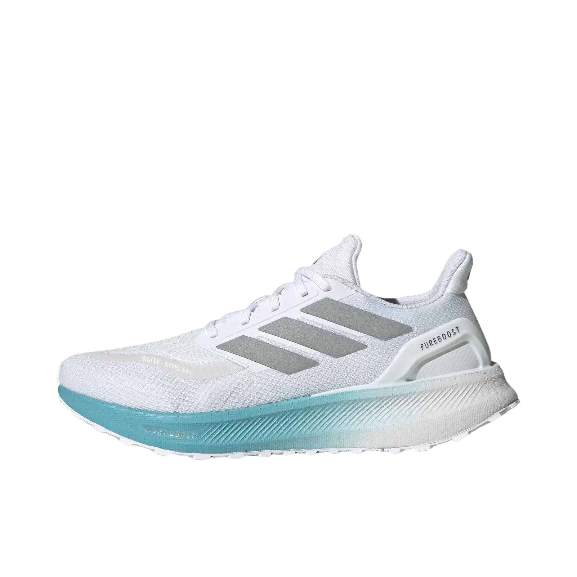 推荐商品：adidas PUREBOOST 5 跑鞋 舒适缓震防滑耐磨回弹轻便短跑网布支撑随心畅跑 白色/浅蓝色