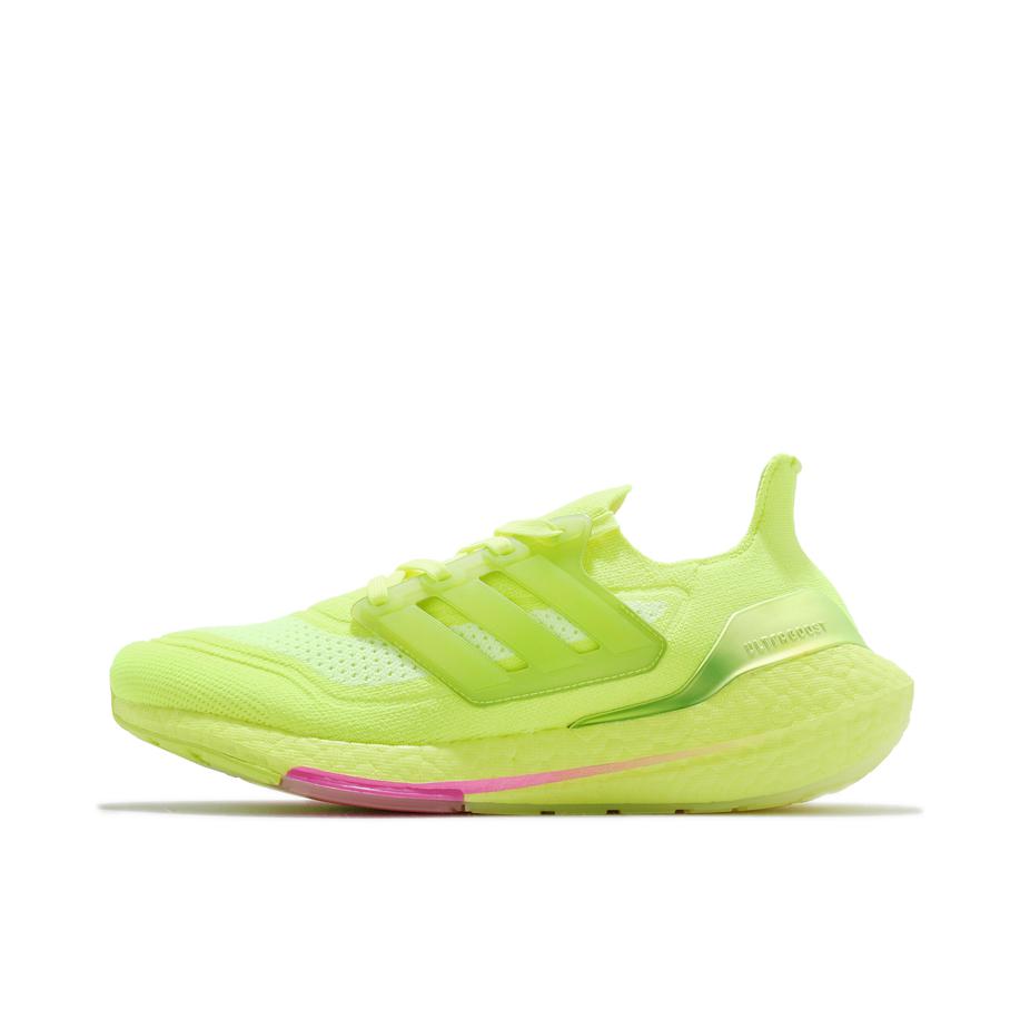 推荐商品：adidas UltraBoost 21 跑鞋 经典透气缓震织物防滑支撑防水马拉松抗扭转回弹圆头 太阳黄/粉色