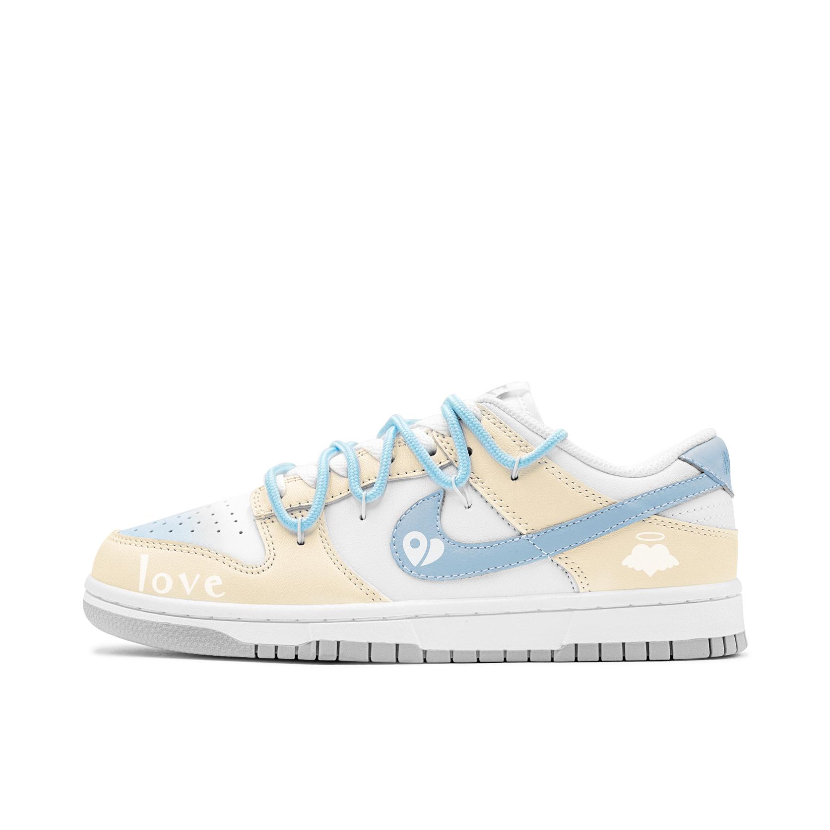 推荐商品：【定制球鞋】 Nike Dunk 板鞋 平跟系带防滑耐磨做旧高街简约百搭潮流复古美式 蓝黄解构涂鸦