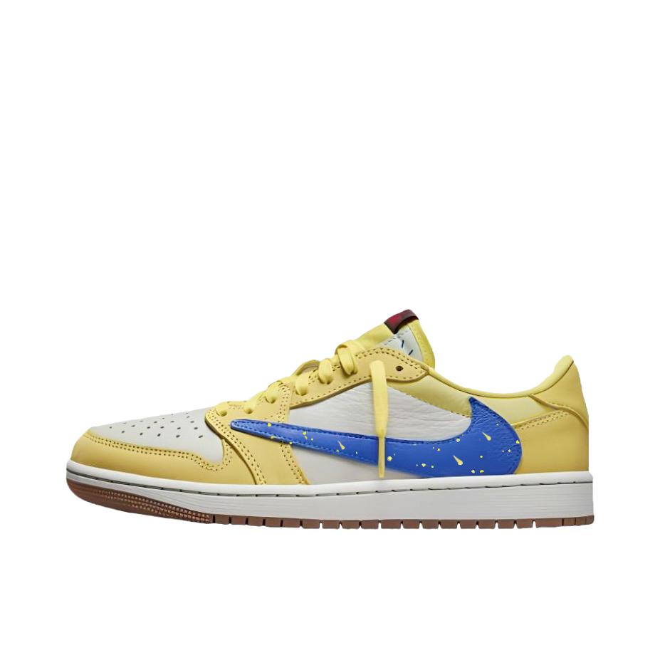 推荐商品：【定制球鞋】Air Jordan 1 减震 耐磨 透气 平跟 复古 潮流 简约 包裹性 防滑 轻便 支撑 增高 板鞋 Travis Scott 联名/蓝黄倒勾