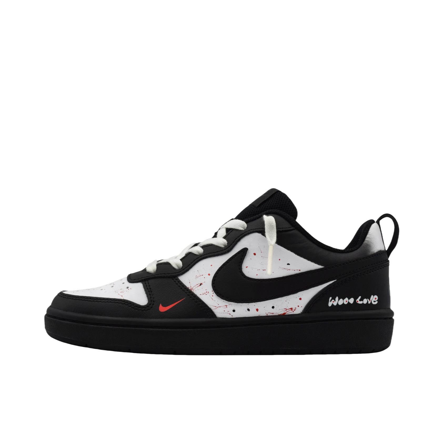 推荐商品：【定制球鞋】 Nike Court Borough 板鞋 防滑防水轻便减震手绘减龄做旧甜酷高街合成革甜妹包裹性复古婚鞋增高小白鞋薄底秋冬脏脏鞋 GS/黑曜石