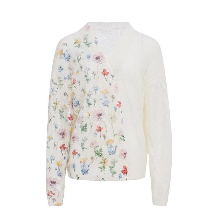 推荐商品：【姜贞羽同款】 XIAOLI/筱李 印花拼接马海毛绵羊毛圆领针织衫 女装 AW22KT009 花拼接