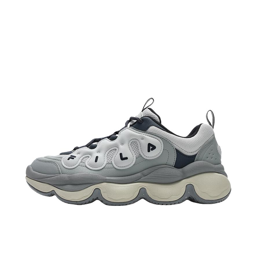 推荐商品：FILA/斐乐 Pease 防滑耐磨 舒适低帮 厚底 系带 合成革 老爹鞋 南极灰/石灰岩