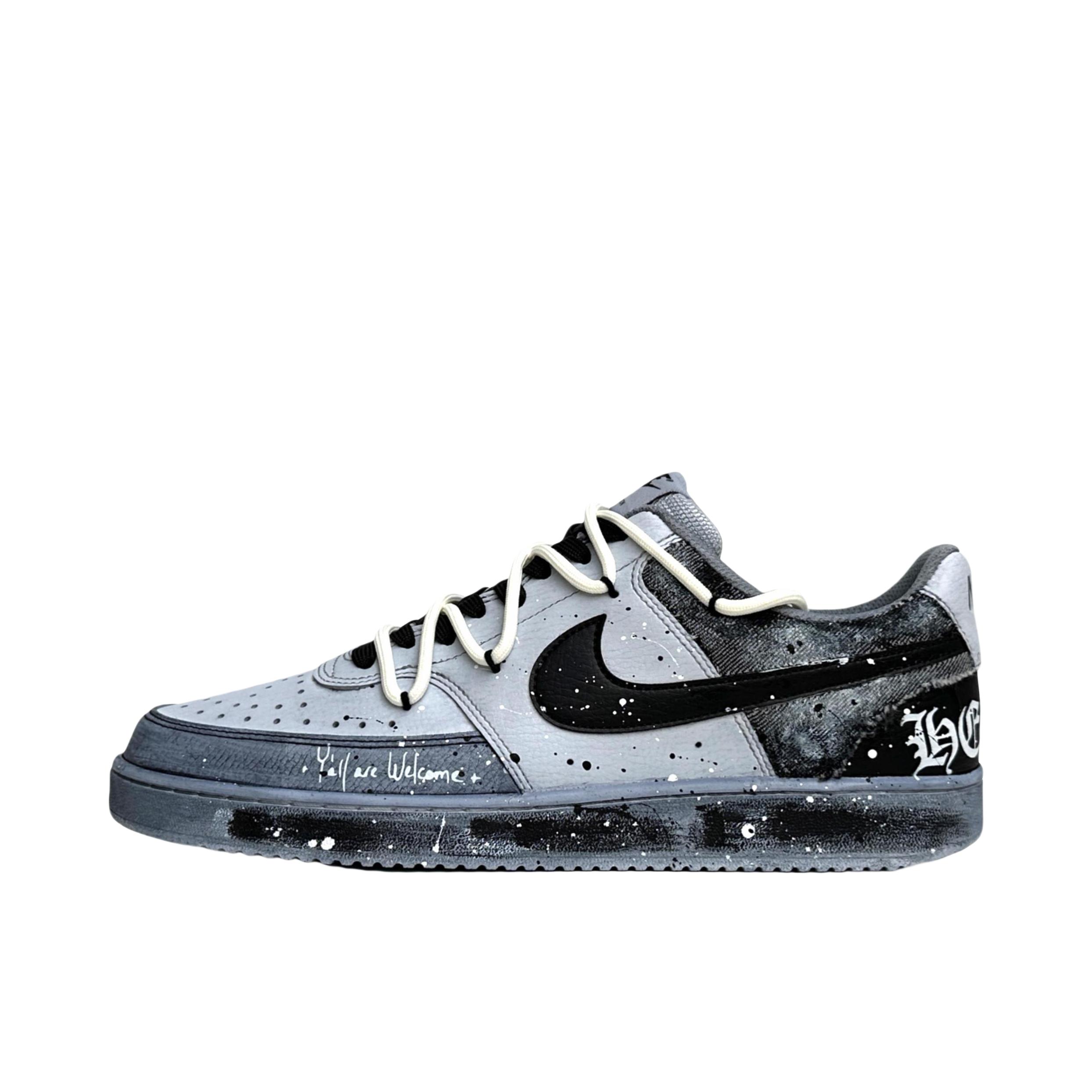 推荐商品：【定制球鞋】 Nike Court Borough 板鞋 防滑防水轻便减震手绘减龄做旧甜酷高街合成革甜妹包裹性复古婚鞋增高小白鞋薄底秋冬脏脏鞋 黑灰哥特