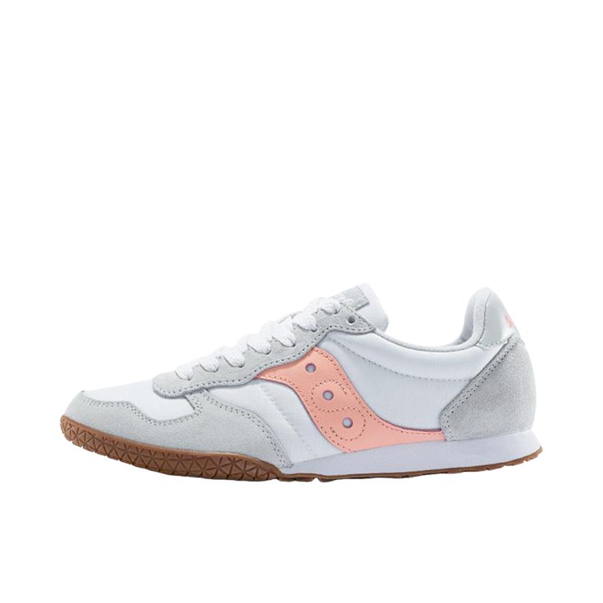 推荐商品：Saucony/索康尼 Bullet 防滑耐磨 减震透气 织物 经典时尚 合成革 复古百搭 跑步 运动休闲鞋 白色/粉色/生胶底
