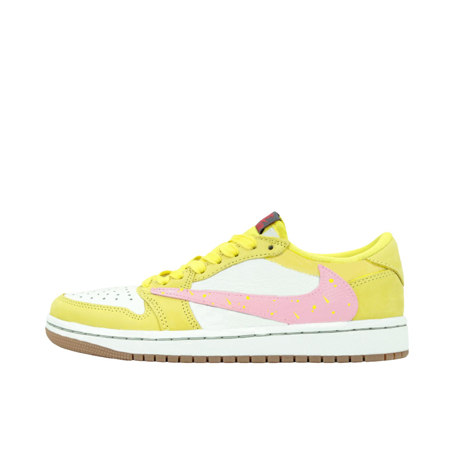 推荐商品：【定制球鞋】Air Jordan 1 减震 耐磨 透气 平跟 复古 潮流 简约 包裹性 防滑 轻便 支撑 增高 板鞋 Travis Scott联名/黄粉倒钩