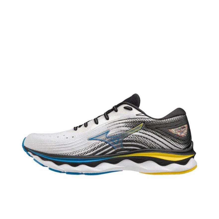 推荐商品：Mizuno/美津浓 Wave Sky 6 缓震耐磨 网面透气 健身训练 织物 舒适回弹 脚感柔软 慢跑 跑鞋 白色/蓝色/荧光黄