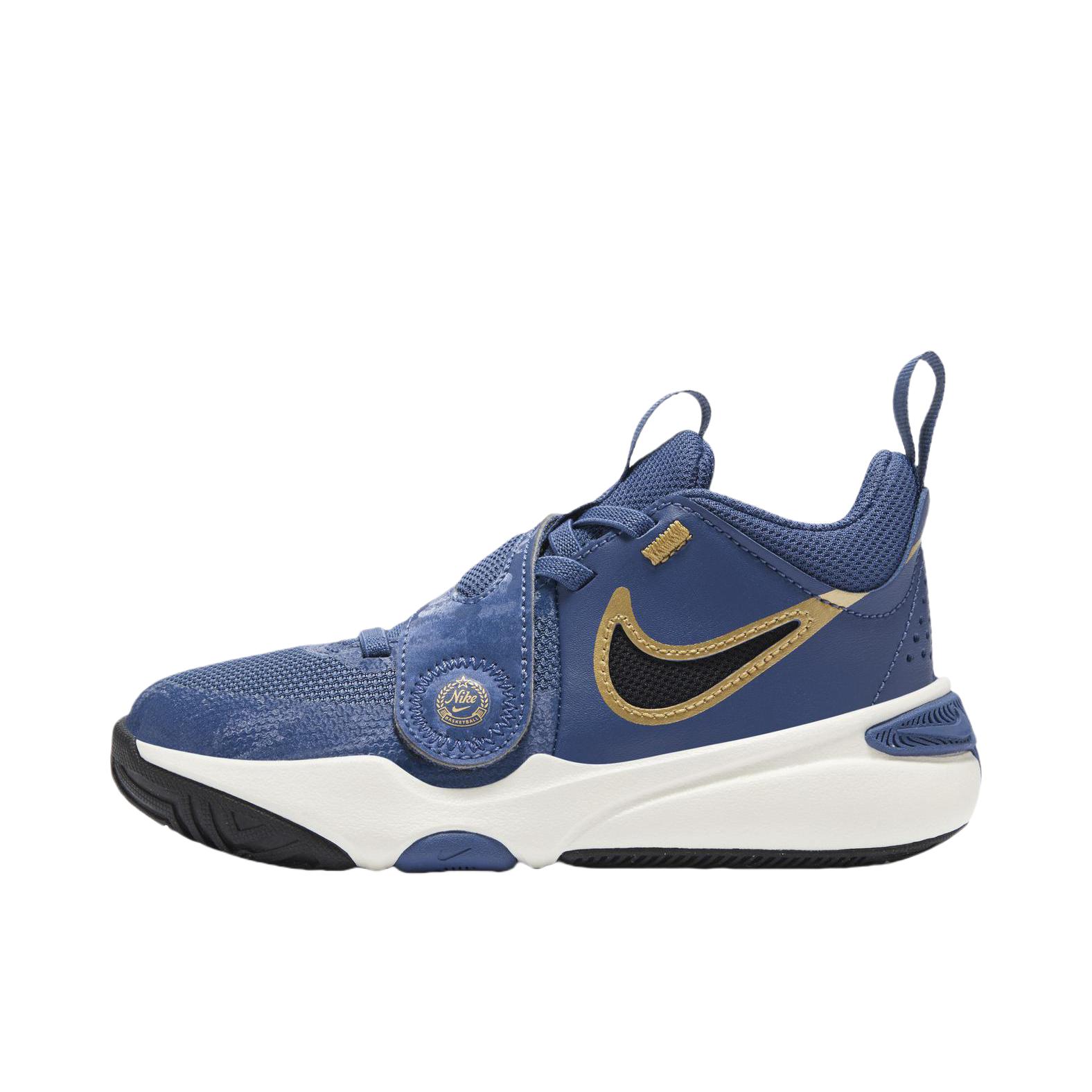 推荐商品：Nike Team Hustle D 11 篮球鞋 防滑耐磨减震回弹舒适透气魔术贴低帮 大童/神秘深海蓝/淡象牙白/金属金/黑色