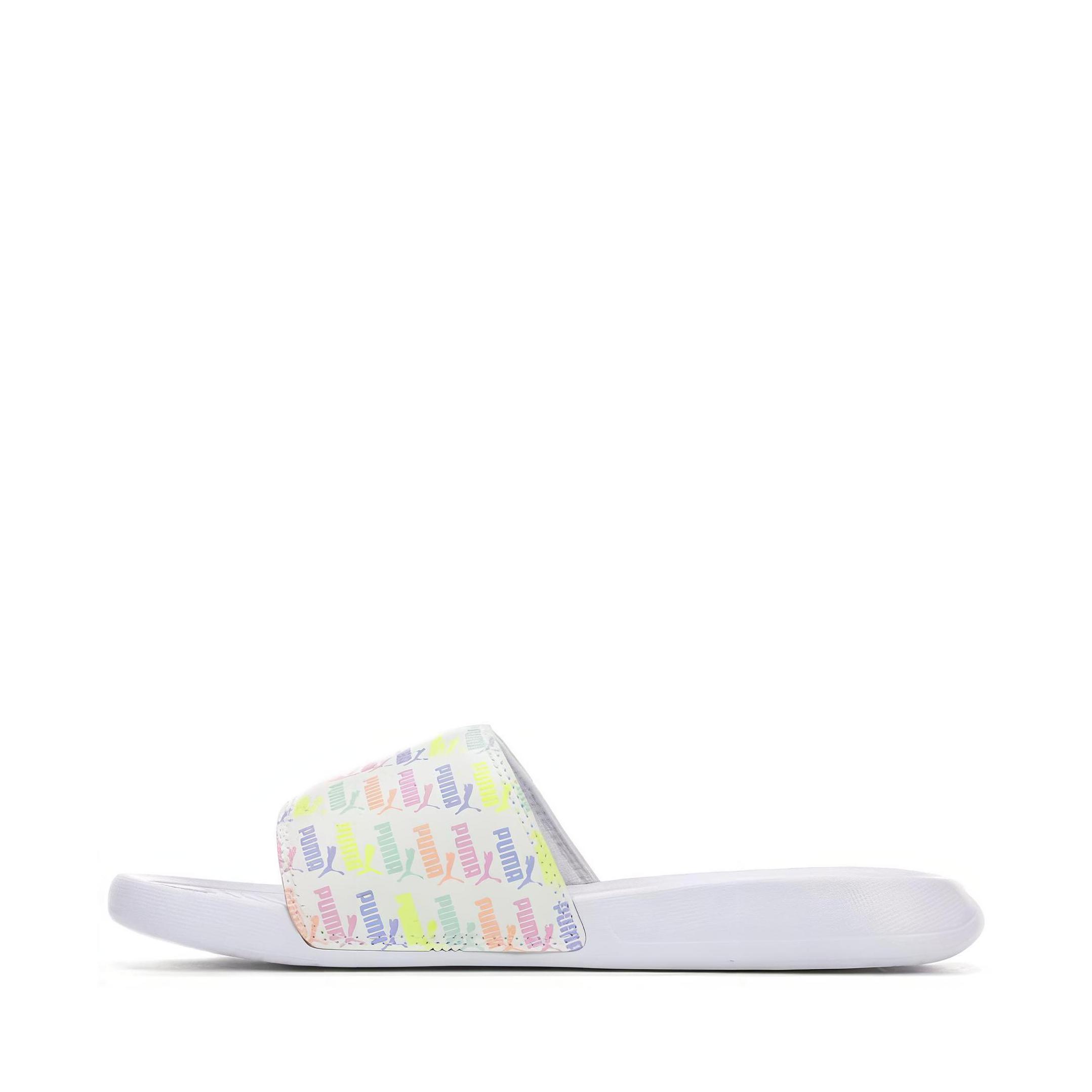 推荐商品：Puma/彪马 Popcat Slide 拖鞋 舒适轻便防滑耐磨复古时尚休闲运动沙滩一字型 White/Yellow 白/彩LOGO