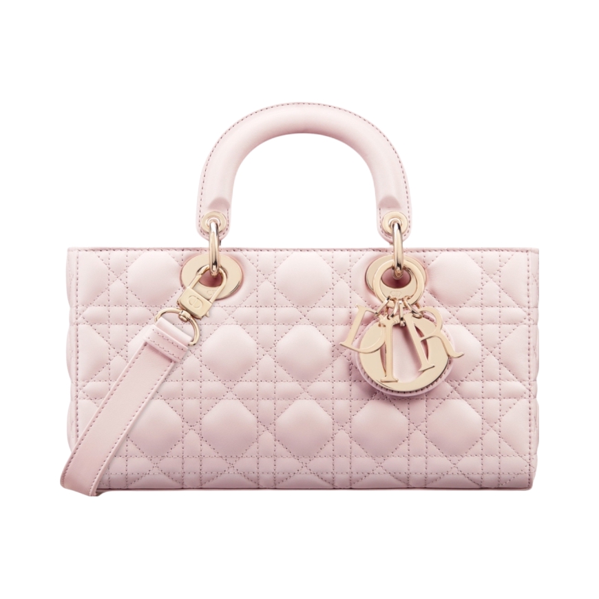 Dior/迪奥 Lady D-JOY 饰面金属可拆卸吊饰坠钻石藤格纹羊皮革戴妃包单肩斜挎手提包 淡粉色