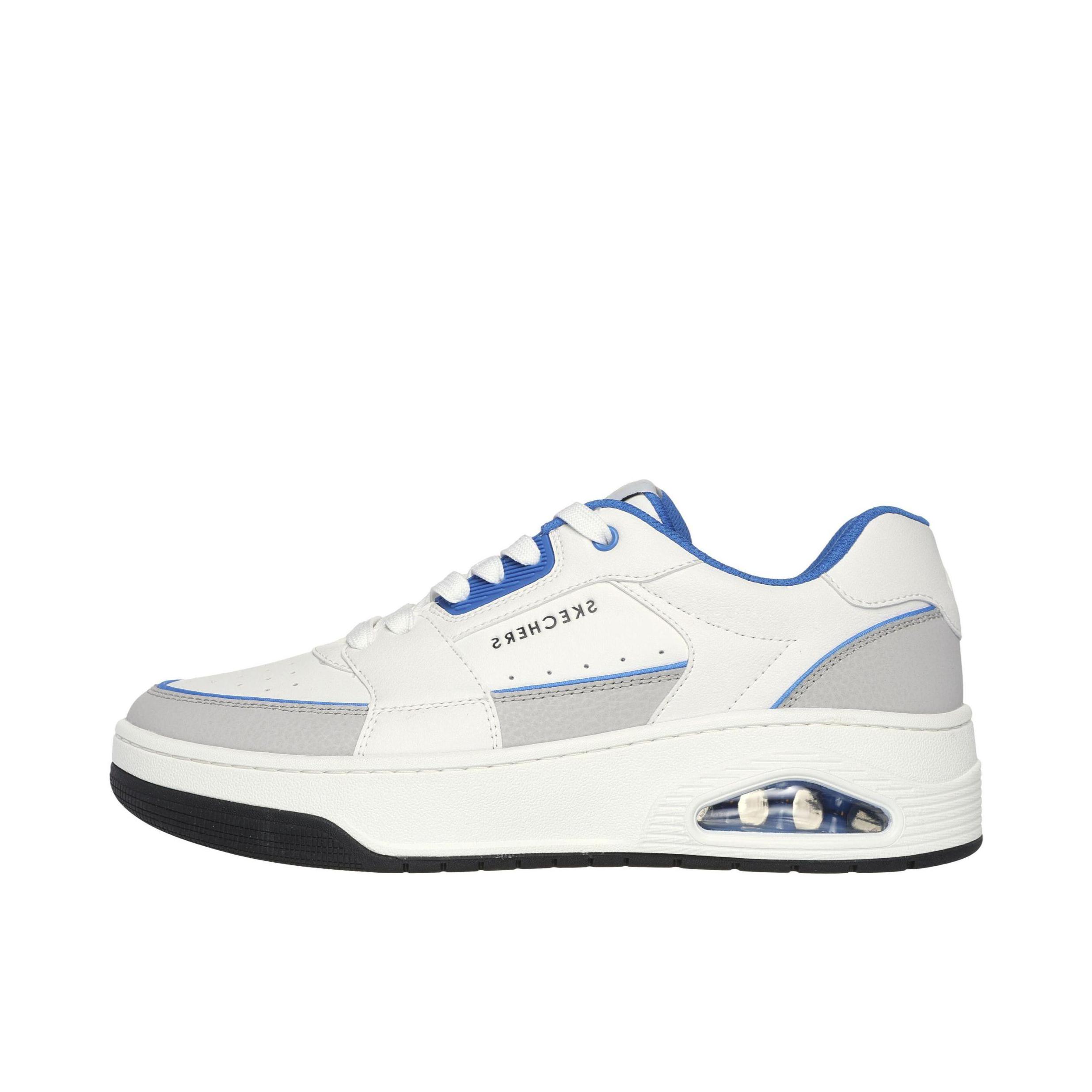 推荐商品：Skechers/斯凯奇 Street 防滑耐磨 缓震回弹 复古 板鞋 183140 白色/蓝色