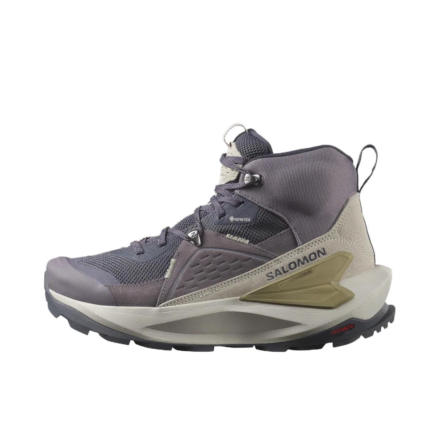 推荐商品：Salomon/萨洛蒙 Elixir Mid GTX 户外鞋 登山鞋 越野跑鞋 防水防滑耐磨缓震长距离织物中帮 女款/紫灰色