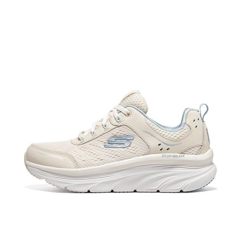 推荐商品：Skechers/斯凯奇 D'lux Walker 减震软底 防滑耐磨 舒适百搭 网面透气 加绒 轻质 厚底 运动休闲鞋 白色/浅蓝色