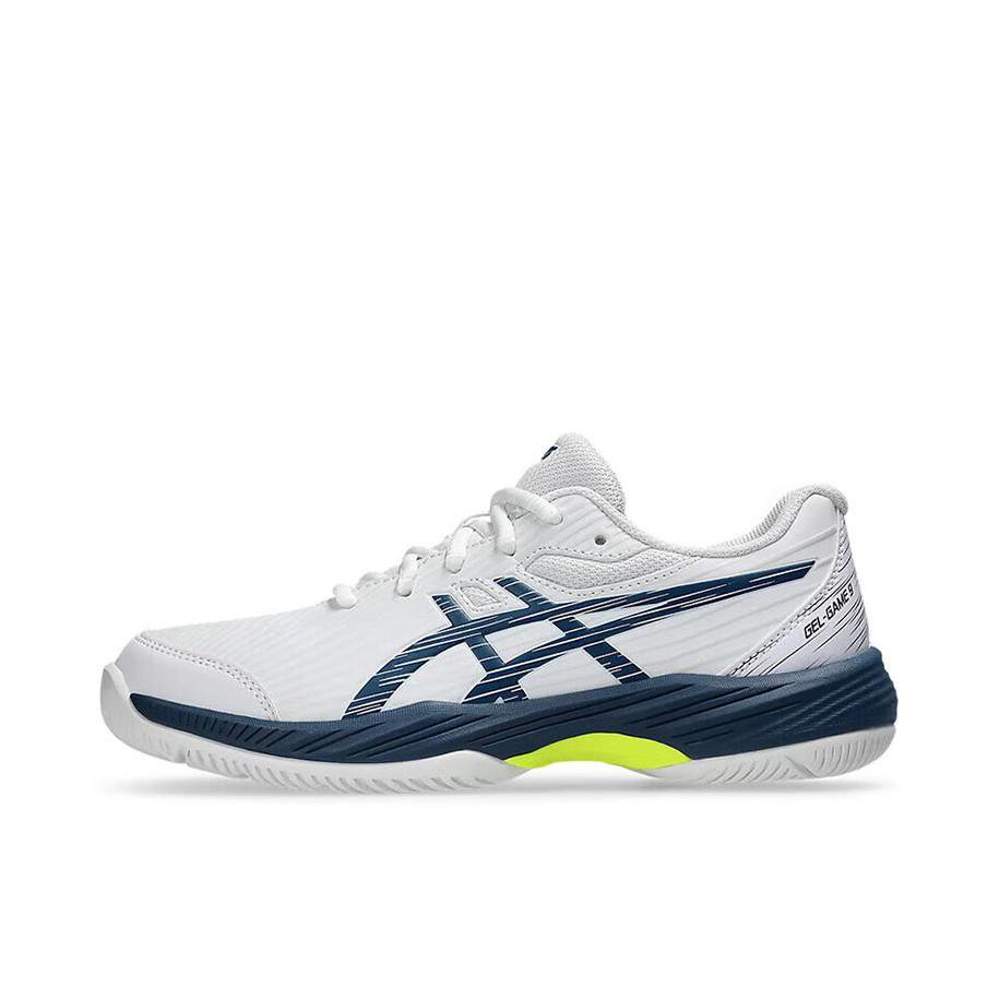推荐商品：Asics/亚瑟士 Gel-Game 9 速度型 防滑抓地 网面透气 稳定支撑 网球鞋 GS/ 白色/海军蓝/黄色 