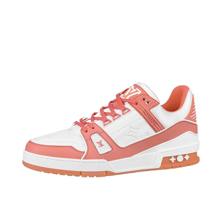 推荐商品：Louis Vuitton Trainer系列 网眼 舒适防滑 时尚潮流 圆头拼接 牛皮革 压纹 板鞋 蜜桃粉/白色