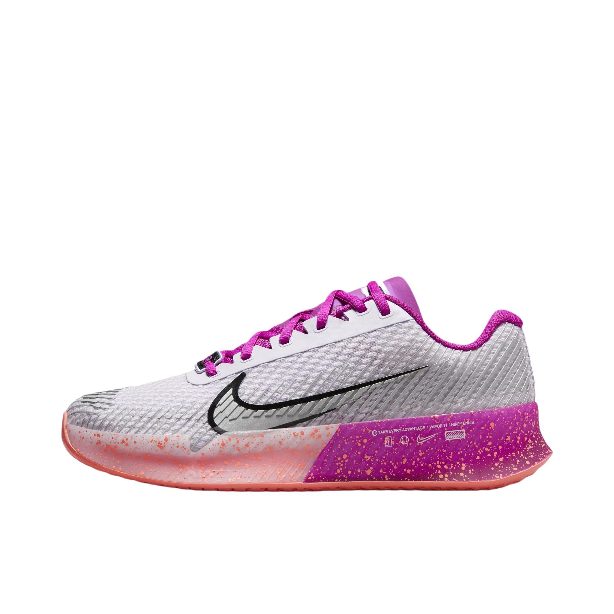 推荐商品：Nike Court Zoom Vapor 11 耐磨防滑 透气缓震 舒适轻便 支撑 网球鞋 女款/微葡萄紫/金属银/明亮葡萄紫/浅野芒果黄/黑