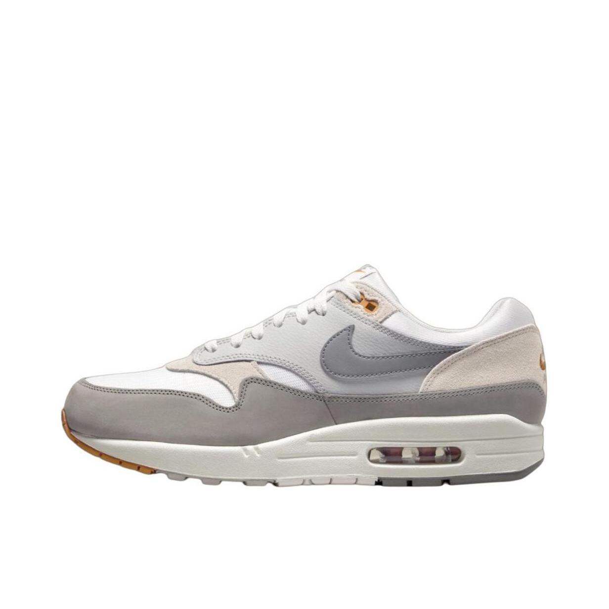 推荐商品：Nike Air Max 1 跑鞋 气垫缓震透气轻便复古运动舒适百搭潮流耐磨低帮训练防滑冬季支撑马拉松防水抓地圆头耐穿 灰色/米色/白色