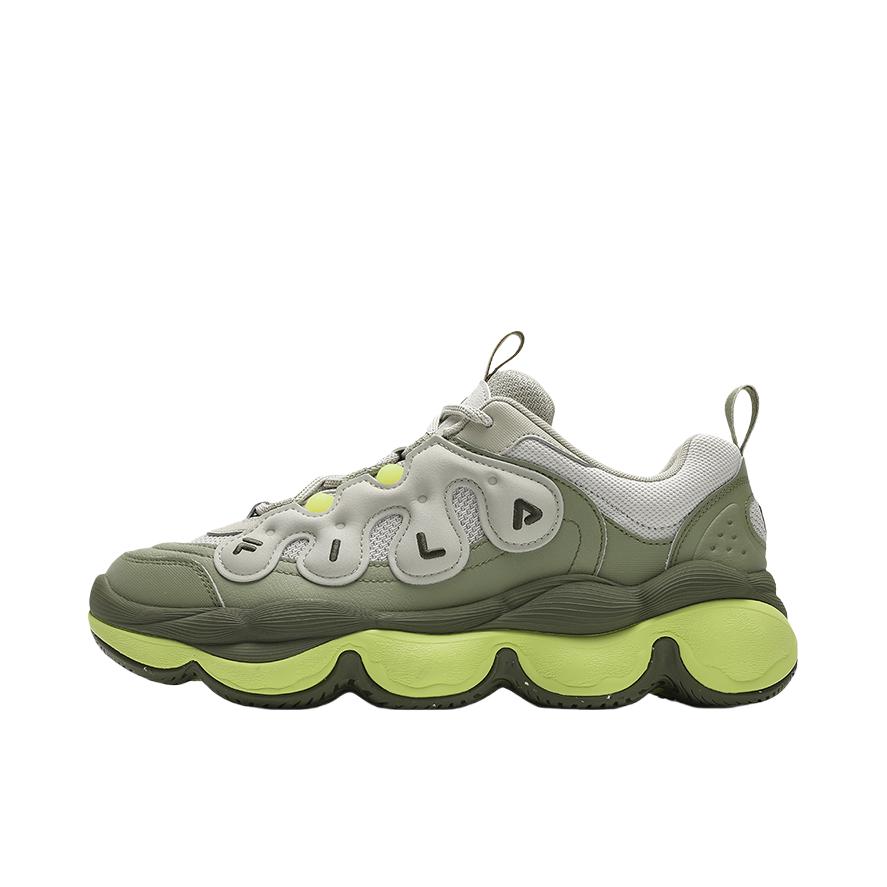 推荐商品：FILA/斐乐 Pease 防滑耐磨 舒适低帮 厚底 系带 合成革 老爹鞋 桦树银/新鼠尾草绿