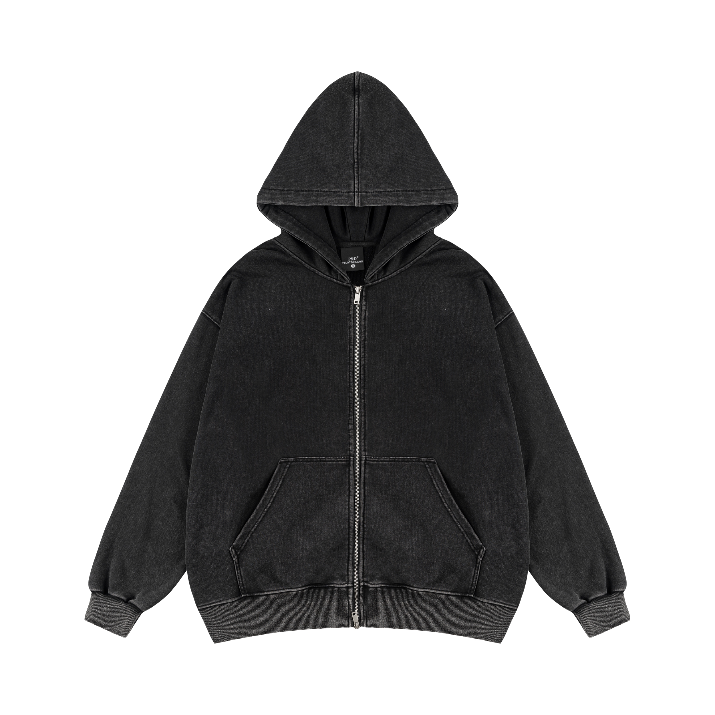 推荐商品：PILOTDRAGON 24FW 美式纯色纯棉防风耐磨开衫连帽卫衣 男女同款 PD1259 做旧黑 