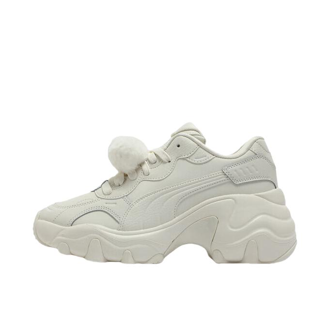 推荐商品：Puma/彪马 Pulsar Wedge Tech Glam 缓震耐磨 舒适轻便 防滑厚底 复古运动 增高 绒球 织物 牛皮 人造革 老爹鞋 女款/米白色/白色