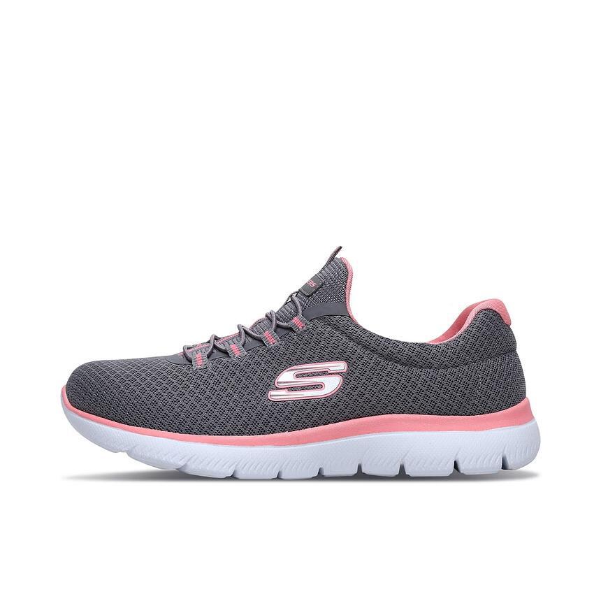 推荐商品：Skechers/斯凯奇 Summits 防滑耐磨 舒适轻便 减震软底 网面透气 百搭 一脚蹬 运动休闲鞋 灰色/粉红色