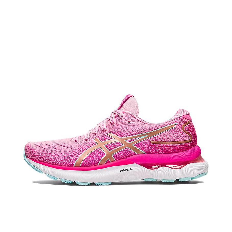 推荐商品：Asics/亚瑟士 Gel-Nimbus 24 跑鞋 圆头包裹轻便缓震透气稳定支撑回弹复古碳板织物夜跑  Fuchsia Red/White 女款/亮粉/白色