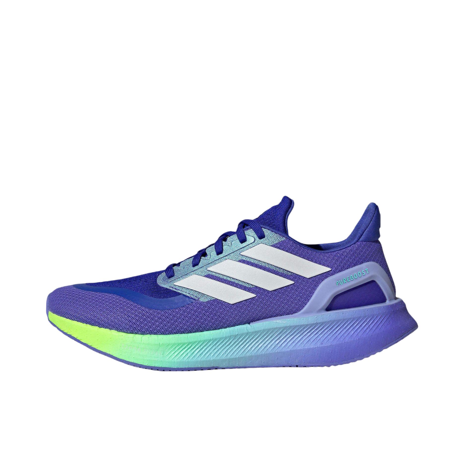 推荐商品：adidas PUREBOOST 5 跑鞋 舒适缓震防滑耐磨回弹轻便短跑网布支撑随心畅跑 蓝色/绿色
